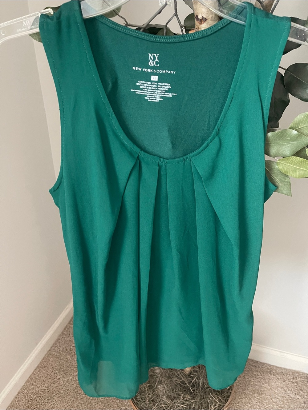New York & Company Teal Pleated Tank with Sheer Overlay